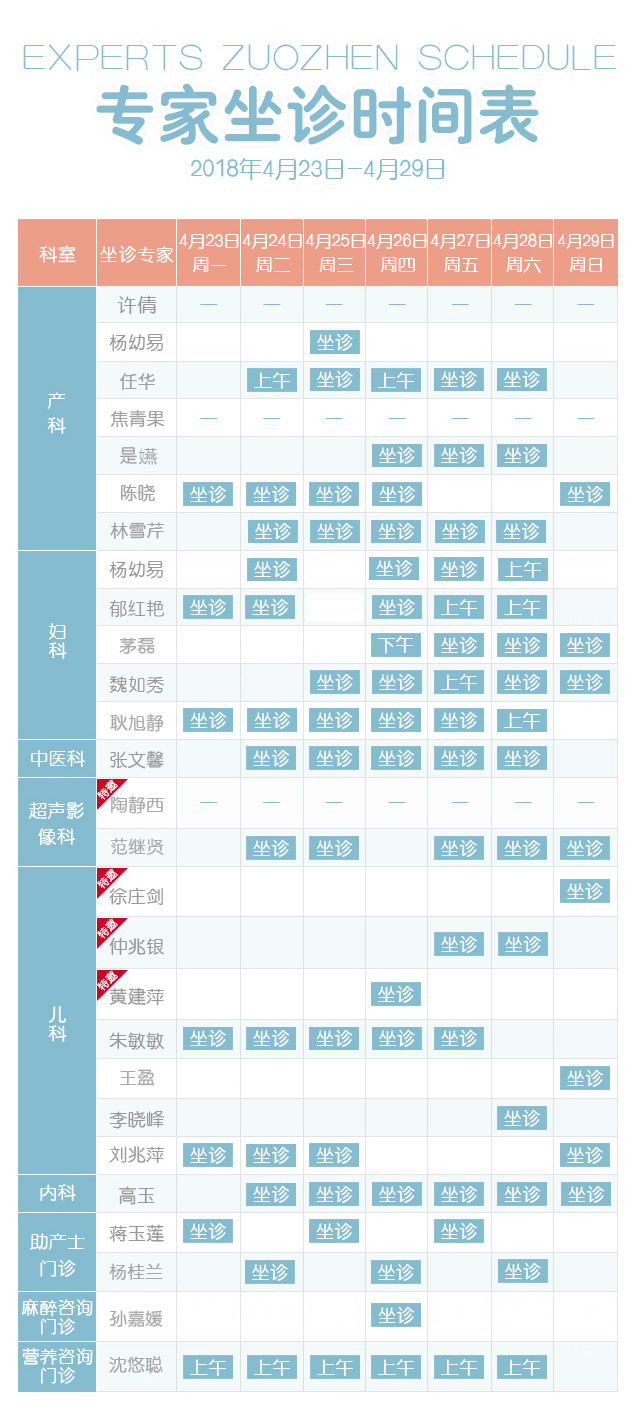 本周百佳专家坐诊表来